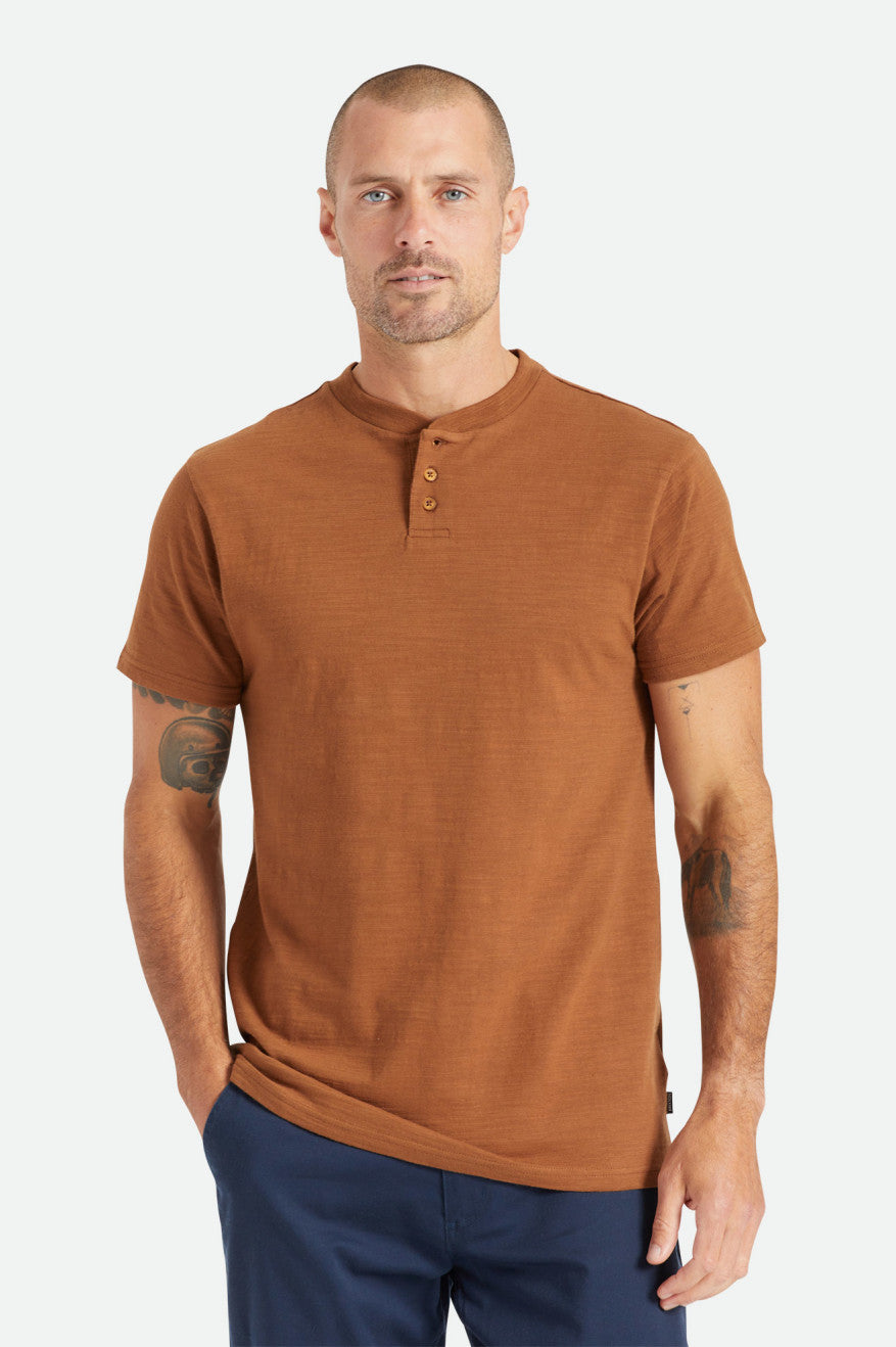 Men's Brixton Basic Slub S/S Henley Tops Brown | 2610945-TZ