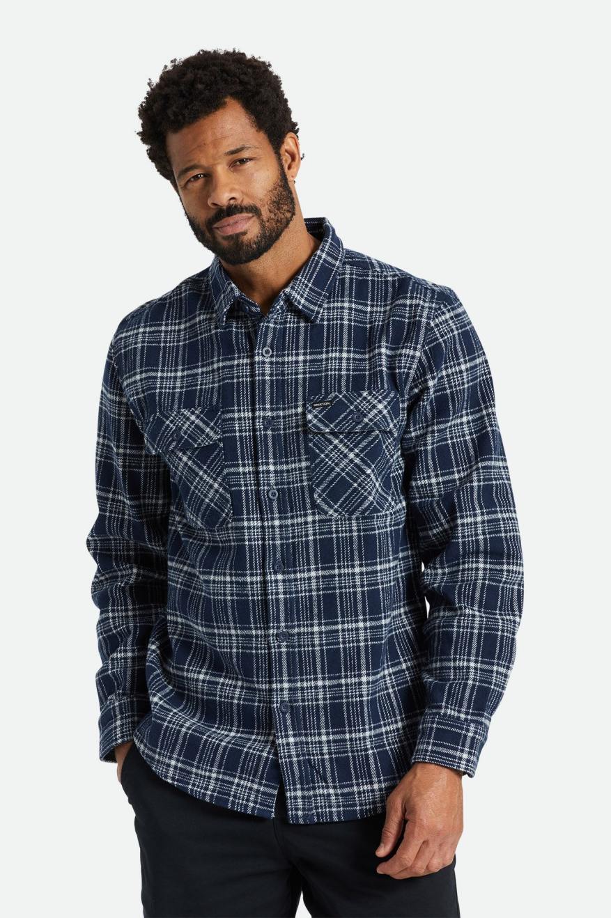 Men's Brixton Bowery Heavy Weight L/S Flannels Navy / Grey | 5369841-IW