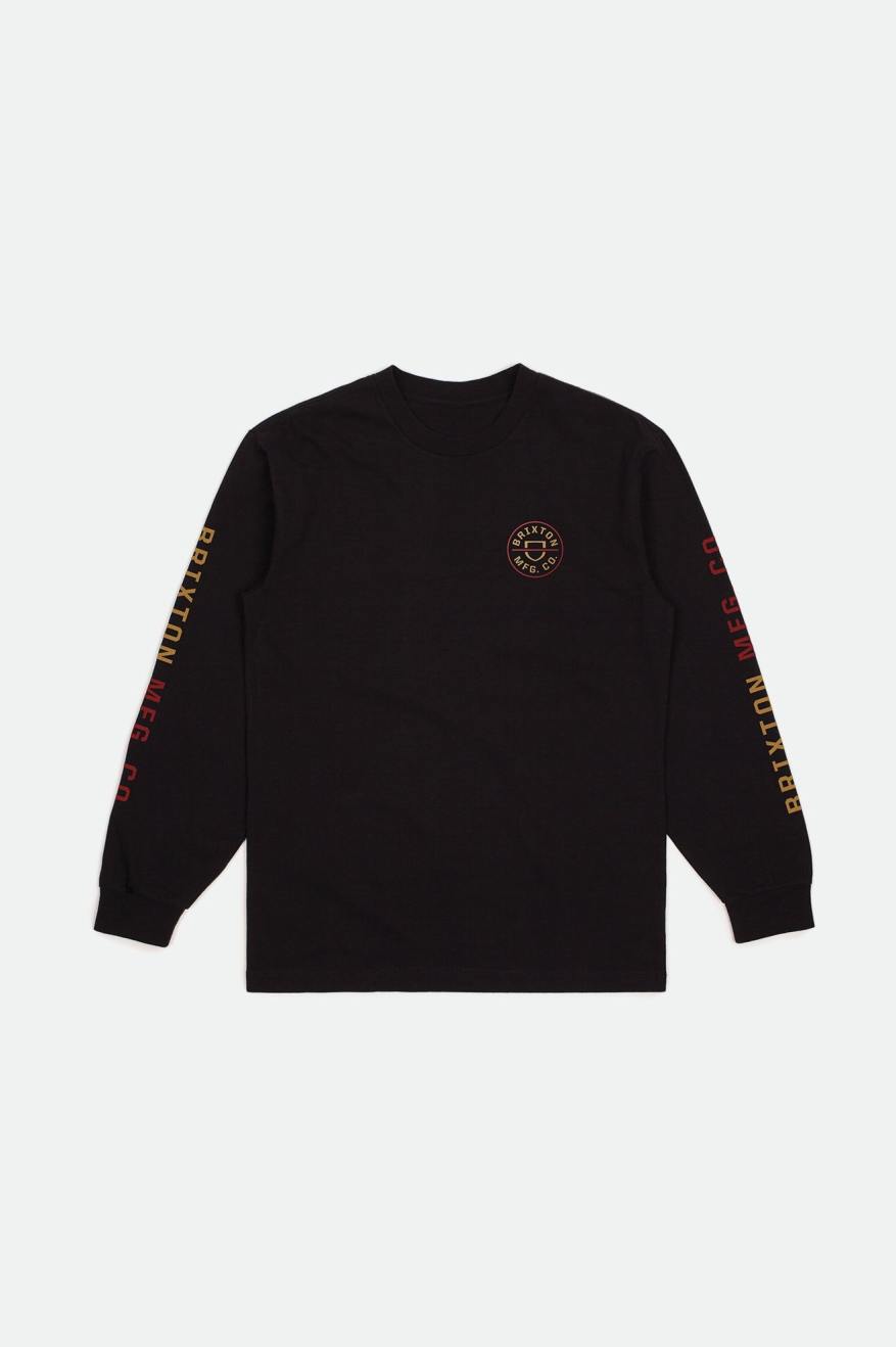 Men's Brixton Crest L/S Standard Tops Black / Red / Light Gold | 5641827-FW