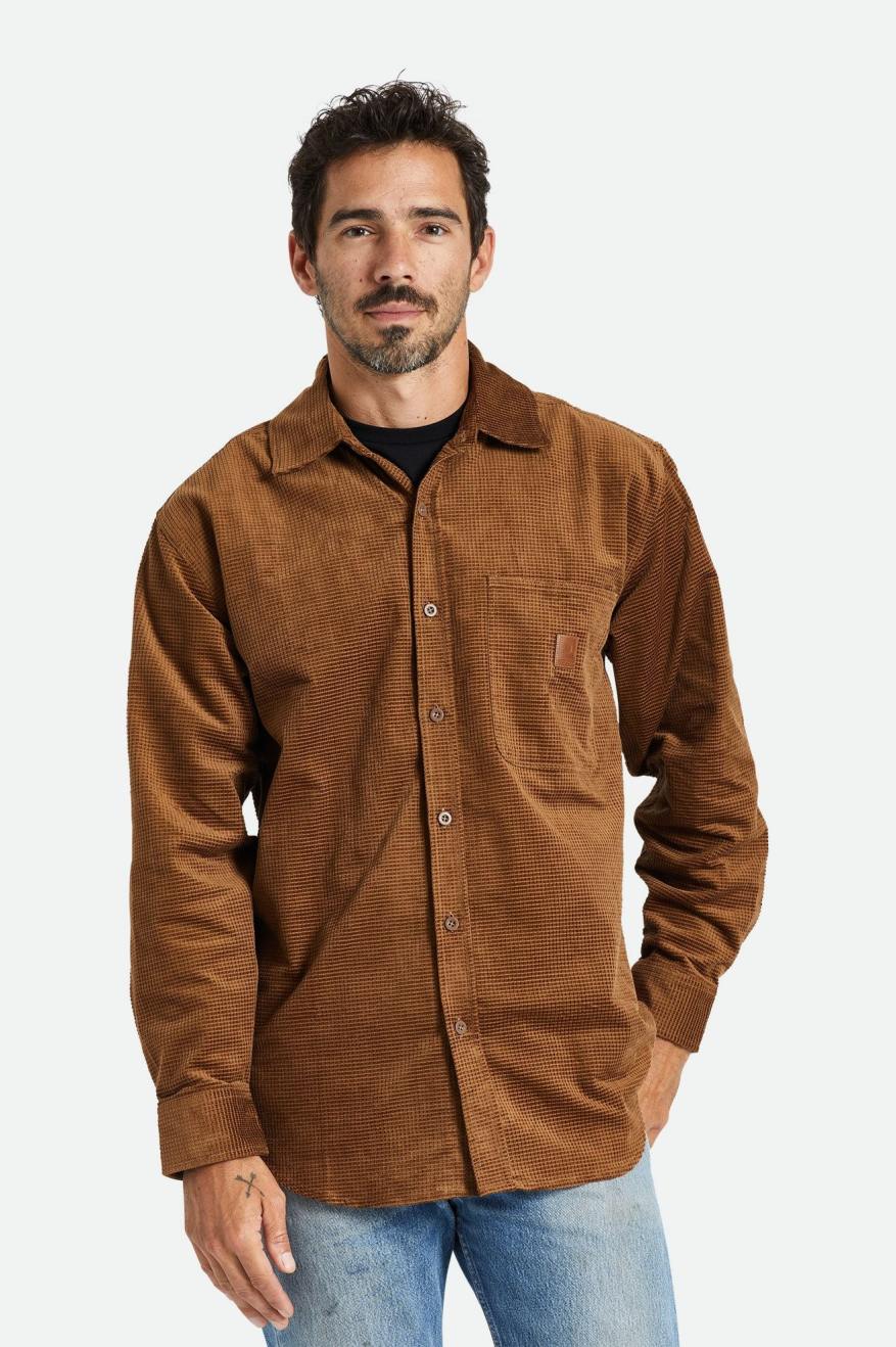 Men's Brixton Porter L/S Waffle Corduroy Wovens Brown | 1260783-BT