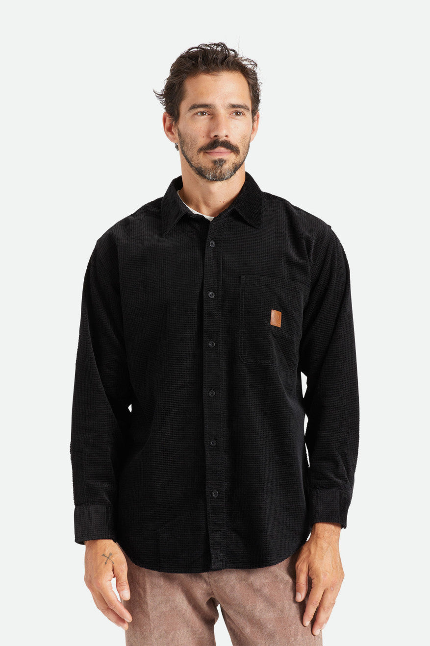 Men's Brixton Porter L/S Waffle Corduroy Wovens Black | 7930625-BY