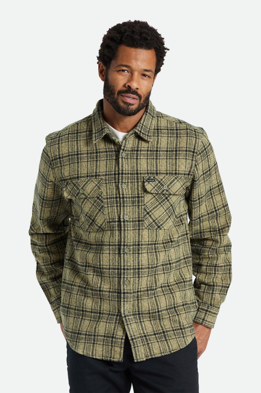 Men\'s Brixton Bowery Heavy Weight L/S Flannels Olive / Black | 8290347-MX