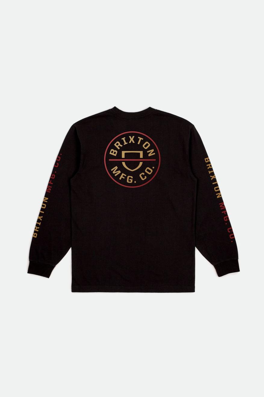 Men's Brixton Crest L/S Standard Tops Black / Red / Light Gold | 5641827-FW