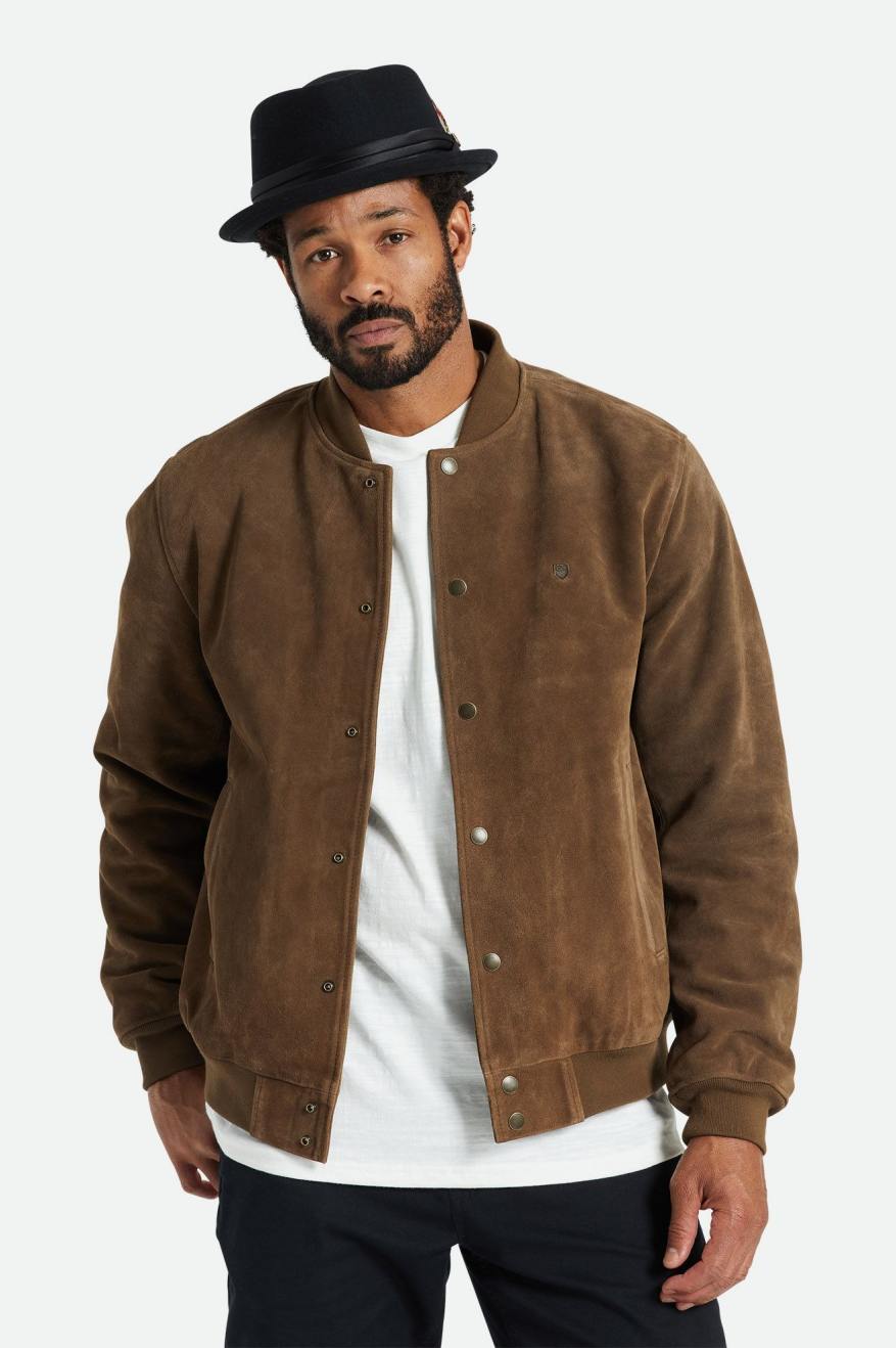 Men's Brixton Dillinger Reserve Suede Bomber Jackets Brown | 6587409-TA