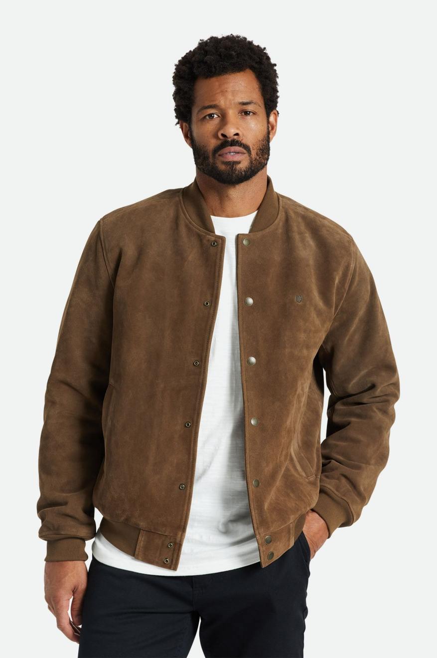 Men\'s Brixton Dillinger Reserve Suede Bomber Jackets Brown | 6587409-TA