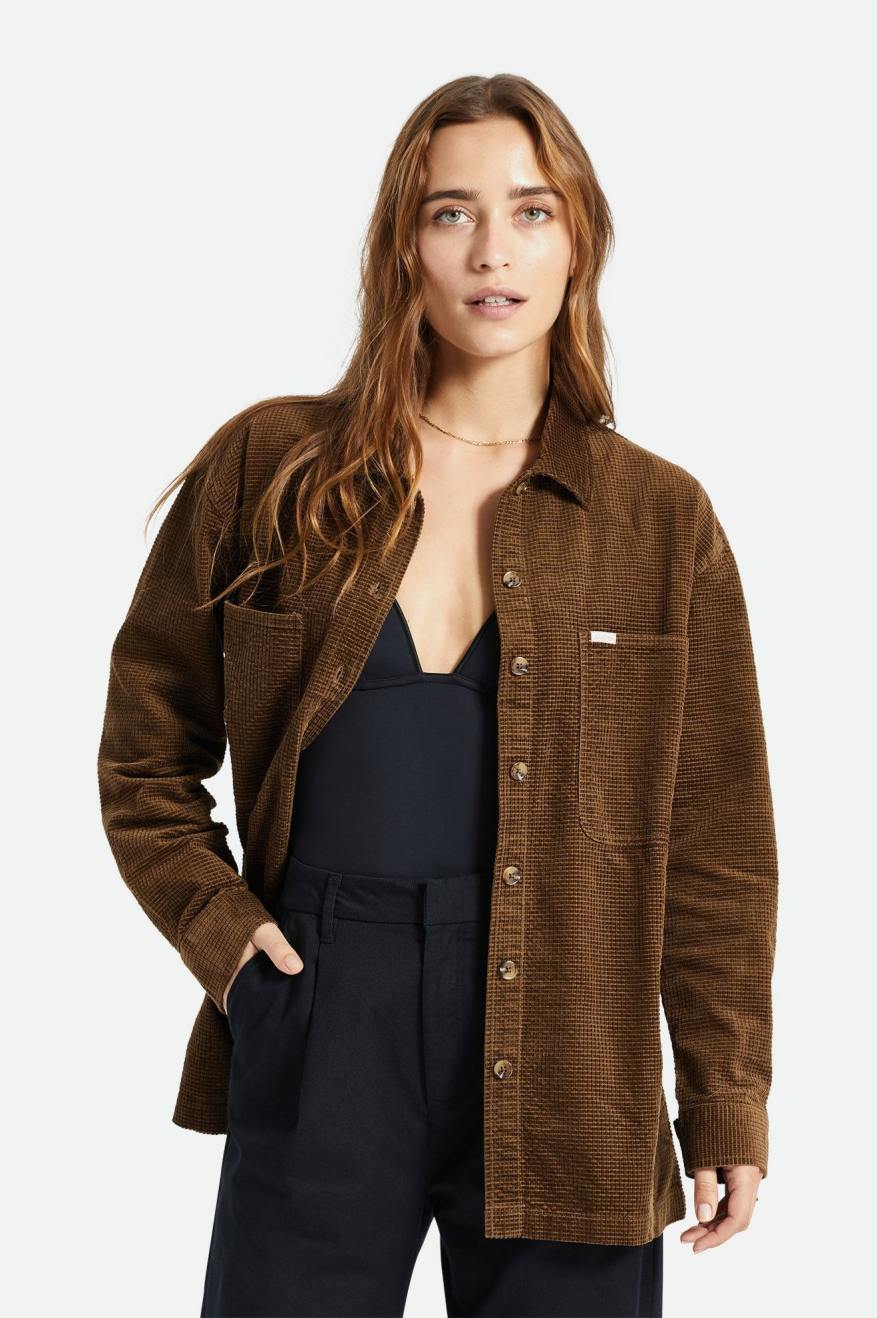 Women's Brixton Dundee Corduroy Overshirt Tops Brown | 9108725-YQ